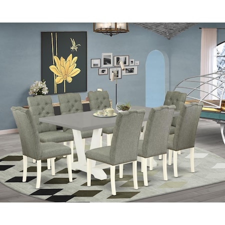 East West Furniture 9 Piece V-Style Dinette Set - Linen White V097EL207-9